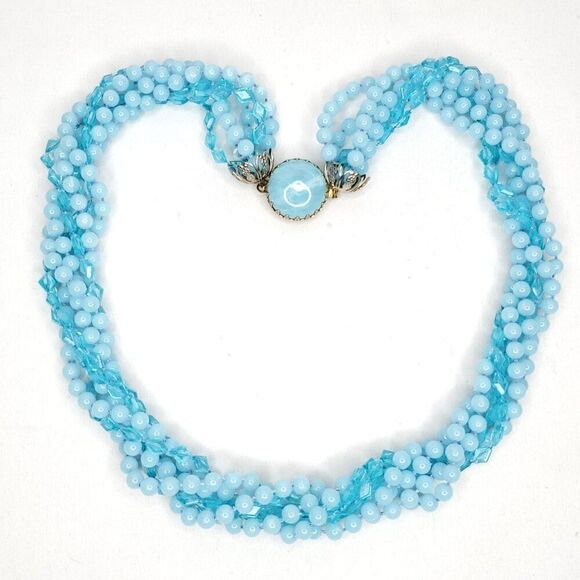 Vintage 7 Strand Plastic Bead Necklace Blue Multistrand Round Diamond Beads 24" - Picture 2 of 4